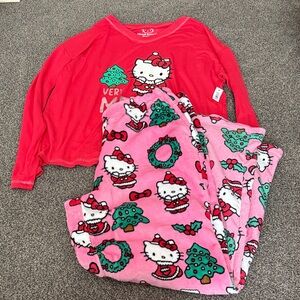 Hello Kitty Pajama Set Women’s Medium Christmas Holiday Fleece Pants Red Top NWT